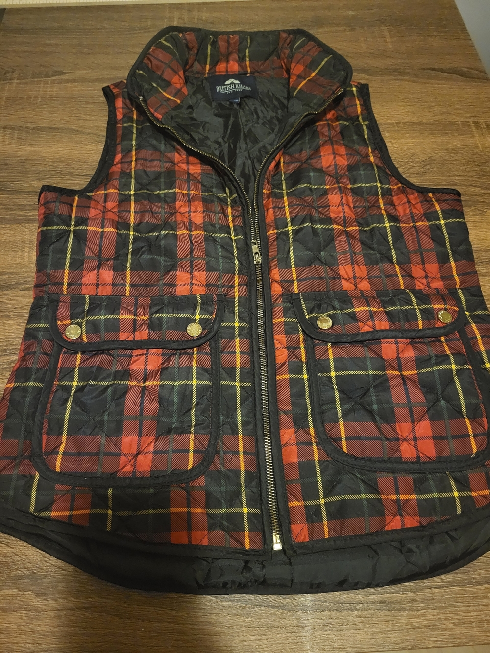 British Khaki Red and Black Quilted Plaid Vest
